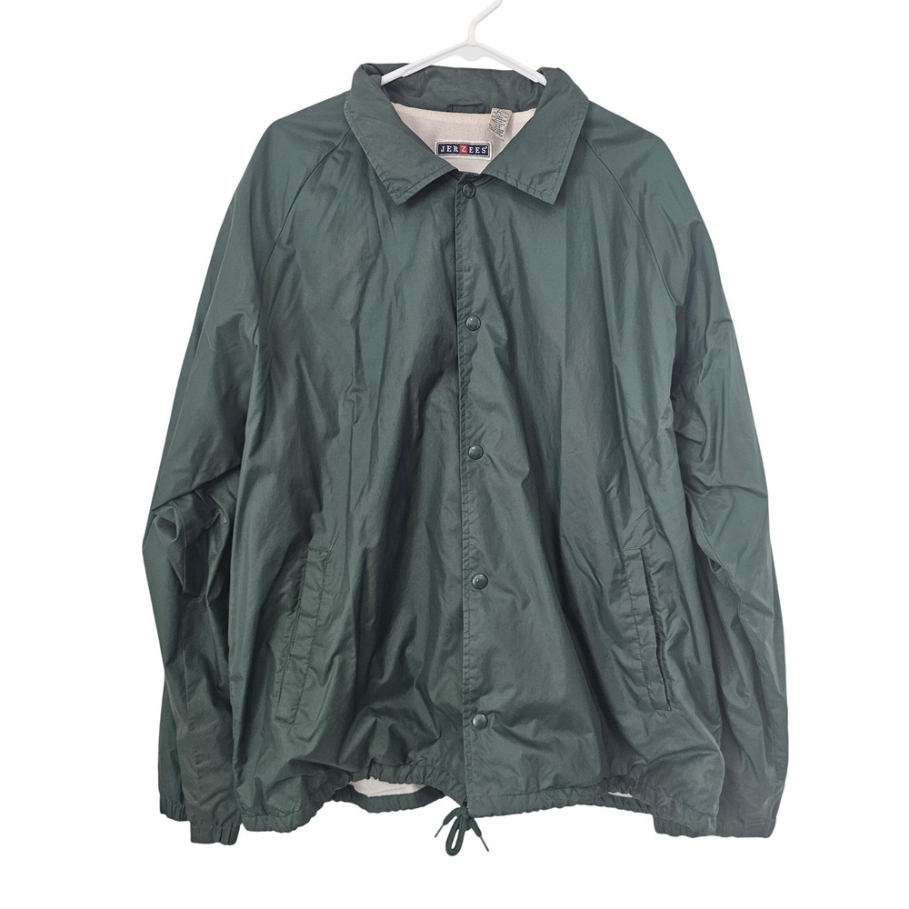 Jerzees Mens Vintage‎ Coaches Jacket Green Snap Front Lined Windbreaker Large